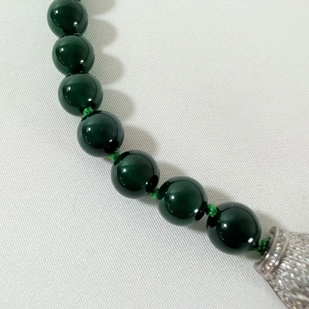 Vintage Double Panther Green Glass Bead Necklace Pave Clasp Hand Knotted